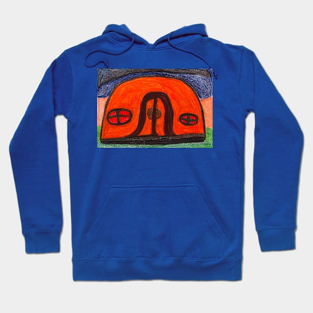 Colourful Orange Igloo on Grass with Cream and Blue Background Hoodie by PodmenikArt